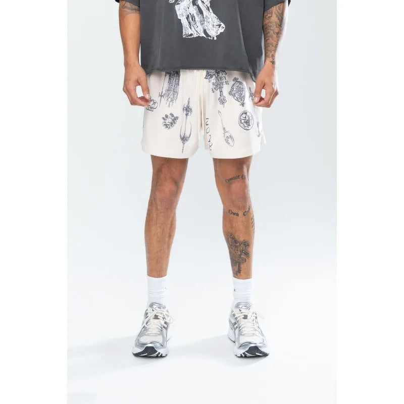 2026 Summer Y2K Gothic Weapon Print Mesh Shorts Men Breathable Streetwear Elastic Waist Casual Gym Lightning Pattern Shorts