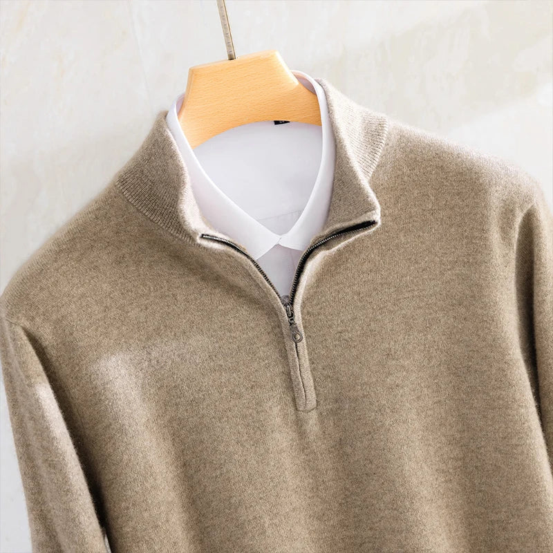 Class A 100% Pure Cashmere Men's Sweater Autumn Winter Semi Open Collar Zipper Pullover Sweater, Casual Business Men's Clothing