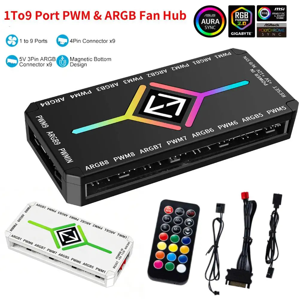 ARGB PWM Fan Hub Adapter With ARGB Controller 1To9 Port 5V 3 Pin PC Cooling Fan Hub Splitter SATA Power Supply PWM Magnetic Hub