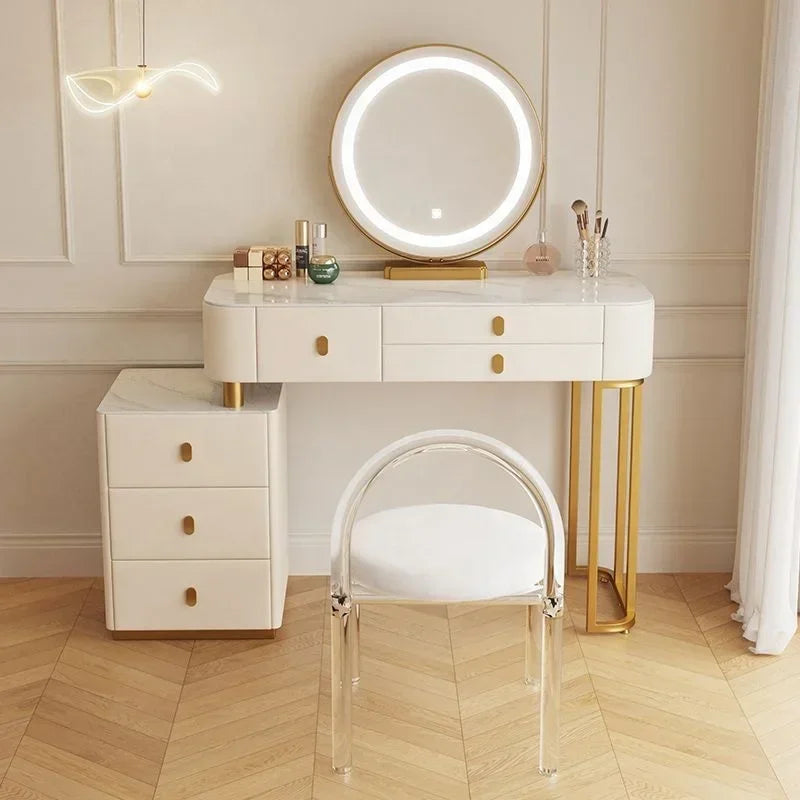 #Modern White Makeup Vanities Table Set With Smart Mirror Slate Top Modern Dressing Desk Wooden Bedroom Furniture