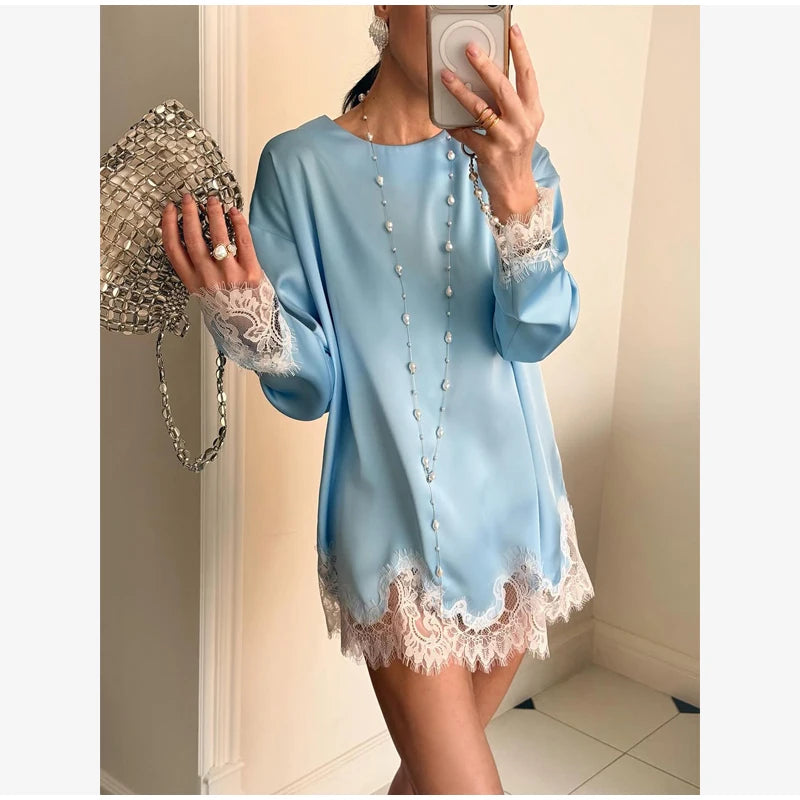 Satin Lace Patchwork Dress Women Long Sleeve O-neck Casual 2026 Spring Female Dresses Casual Solid Beach Robe Not Contain Pearls