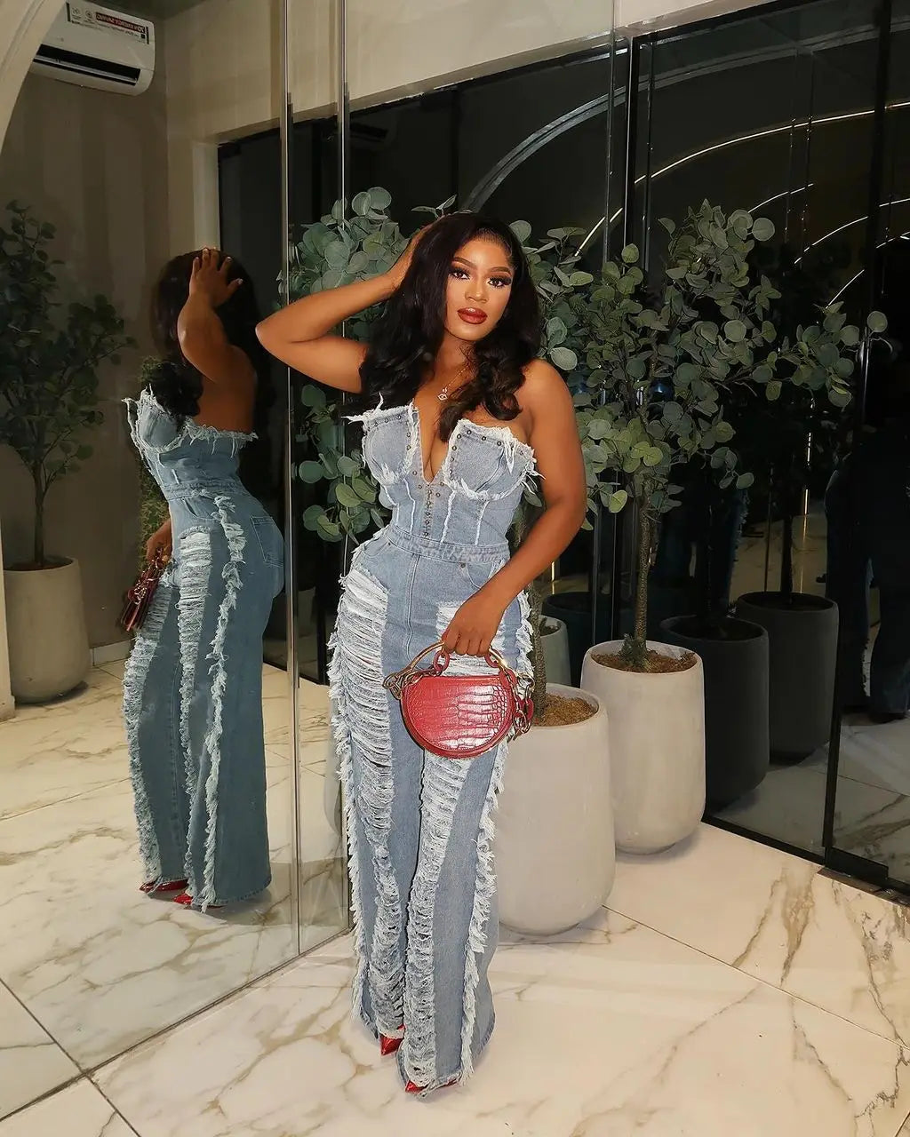 Tassel Hollow Out Overalls For Women Studded Diamond Strapless Backless Jeans Street Fashion Trend Jumpsuite Femme