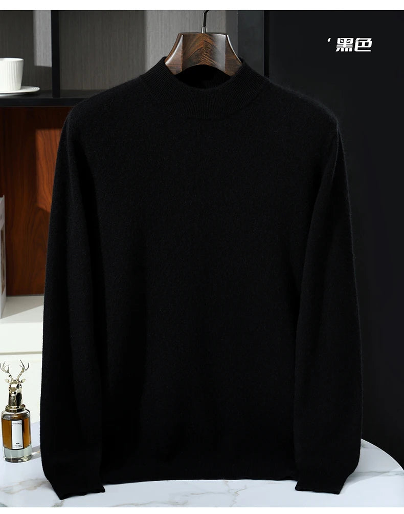 Autumn/Winter Men's 100% Pure Cashmere Pullover Business Casual Solid Knitted Sweater Loose Half High Neck Tops Thick Jumper