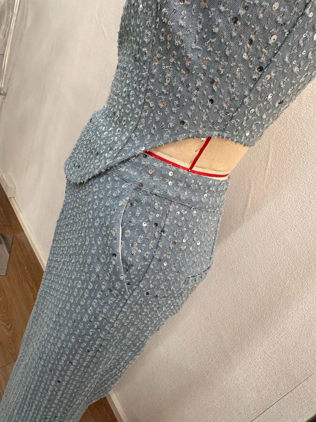 Fashion Sequins Denim Set Women Strapless Tunic Waist Crop Top and Wide Leg Pant Suit 2024 New 2 Piece Sets Outfits Tracksuit