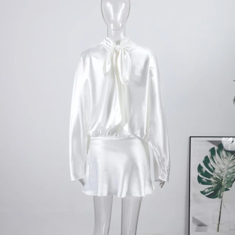 Elegant Satin Mini Dress For Women Fashion Scarf Collar Batwing Sleeve Waist Dress Lady 2025 Autumn Chic Party Evening Vestidos