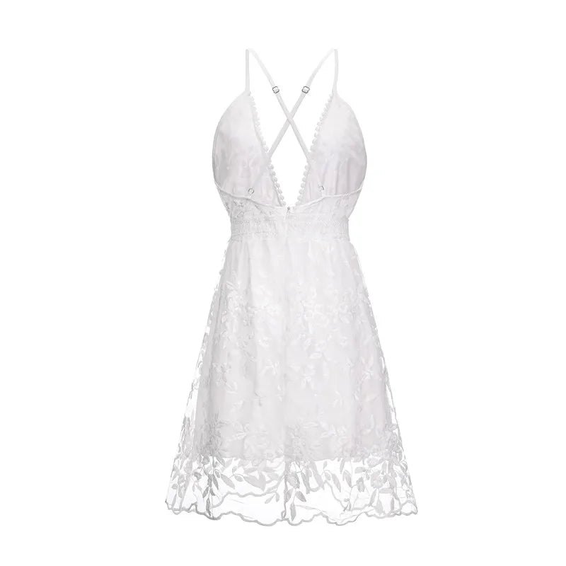 New Women Party Lace Flower Backless Mini Dress Summer Sexy Sling Spaghetti straps Deep V Neck Wedding Club Vestidos