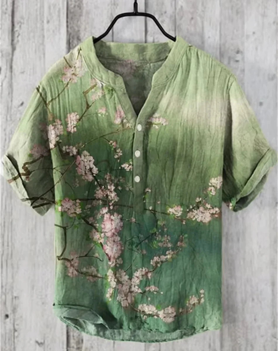 Hot sale Henry shirt 2025 summer men's casual short-sleeved T-shirt floral print top linen blend comfortable fabric XS-6XL size