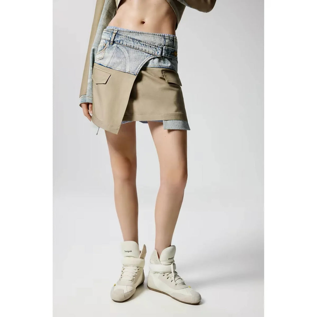 Foreign trade Spain original single color collision splicing denim asymmetrical design short skirt fashion