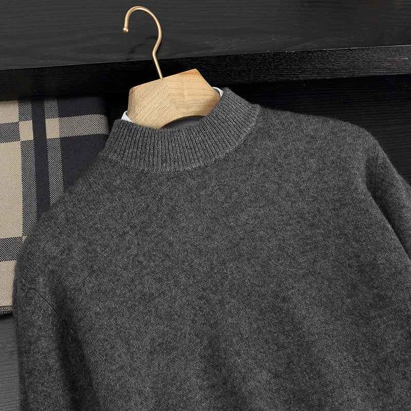 Autumn/Winter Men's 100% Cashmere Pullover Business Casual Solid Knitted Sweater Loose Half High Neck Tops Thick Warm Jumper