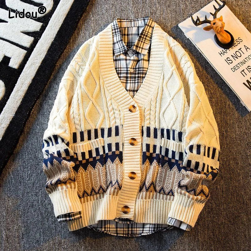 2023 New Autumn and Winter Retro Patchwork Diamond V-neck Color Matching Loose and Handsome Casual Knitted Cardigan for Men