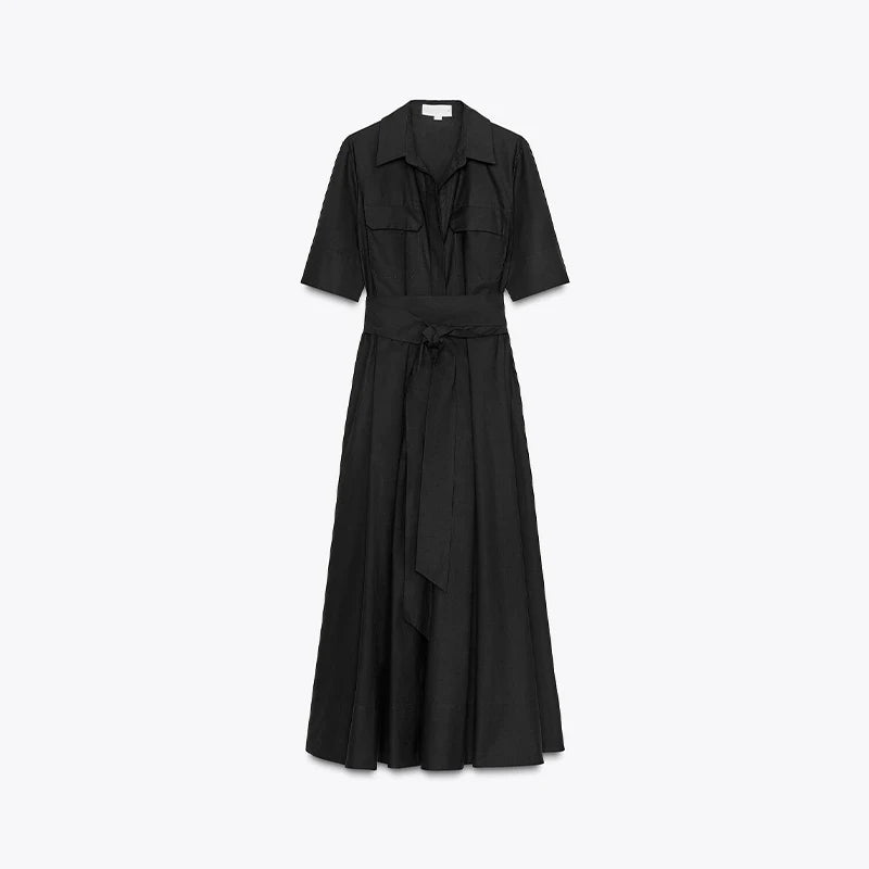 Elegant Belt Women Long Black Dress Full Sleeve Pleated Lapel Waist-Closed Female  A Line Dresses 2026 Spring Lady Robes New