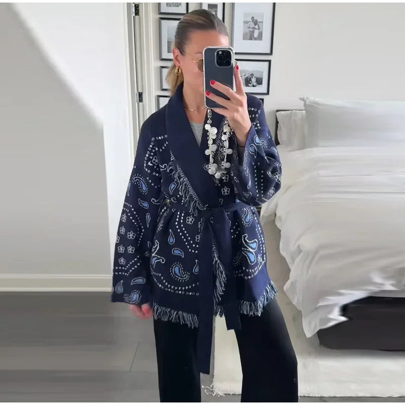 Casual Print Tassel Cardigan Women Elegant Belt V-neck Long Sleeve Knitted Sweaters Female 2026 Autumn Winter Knitwears Lady