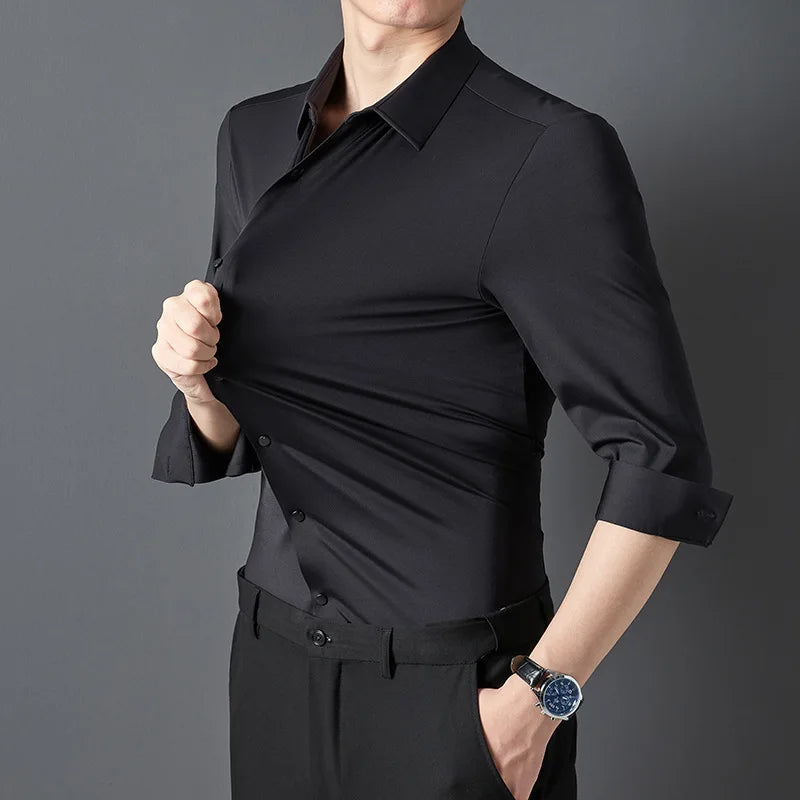 High Elastic Seamless Shirts Men Long Sleeve Muscle Sports Shirt European Size No Ironing Business Professional Workwear Causal
