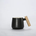 Nordic Style Black White Fat Body Coffee Mug with Wooden Handle and Spoon Modern Office Use Water Milk Drinks Ceramic Cups