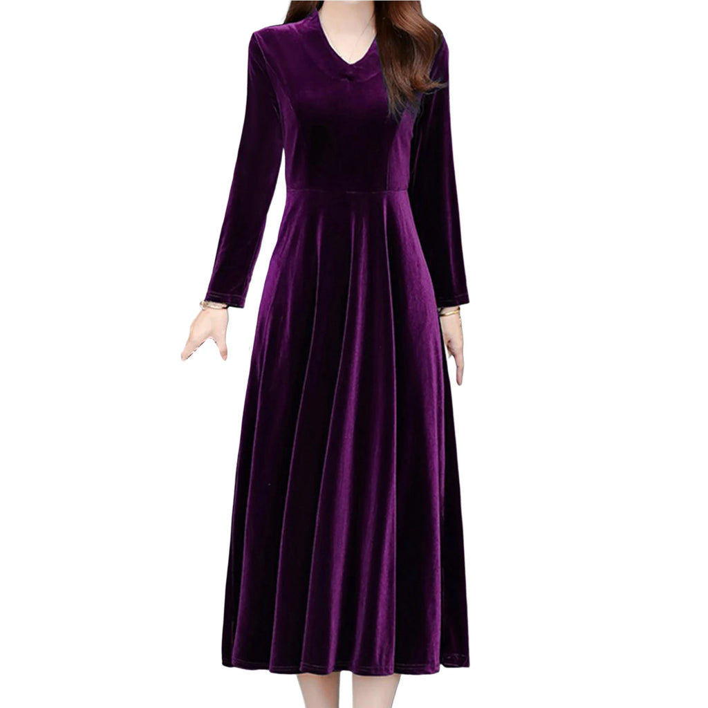 Women Fall Dress Solid Color Loose Long Sleeves Button Maxi Dress Keep Warm Velvet Mom Spring Dress Women Clothes