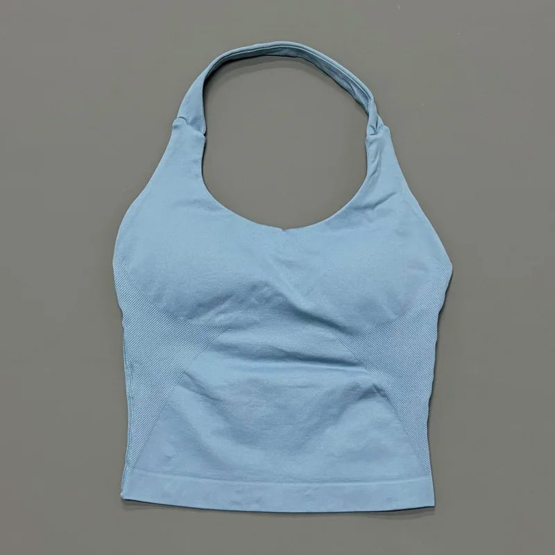 Halter Yoga Tank Top Women Sexy Seamless Strappy Backless Slim Fit Padded Breathable Gym Fitness Running Workout Sports Tops