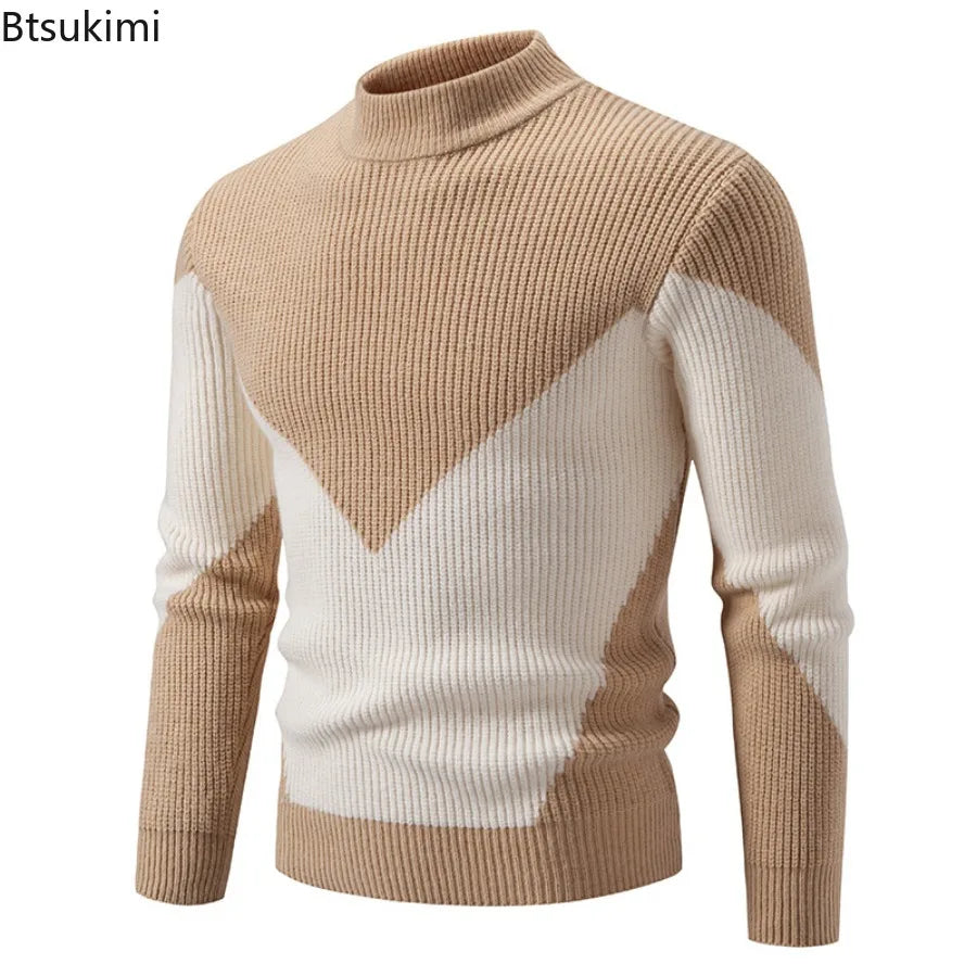 High Quality Men's New Autumn Winter Sweaters Casual Warm Mock Neck Pullovers Trend Color Blocking Design Men Sweaters Knit Tops