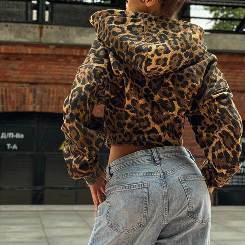BKLD Women's Classic Hooded Long Sleeved Patchwork Irregular Sexy Zip Up Corset Short Jacket Street Style Leopard Coat Outerwear