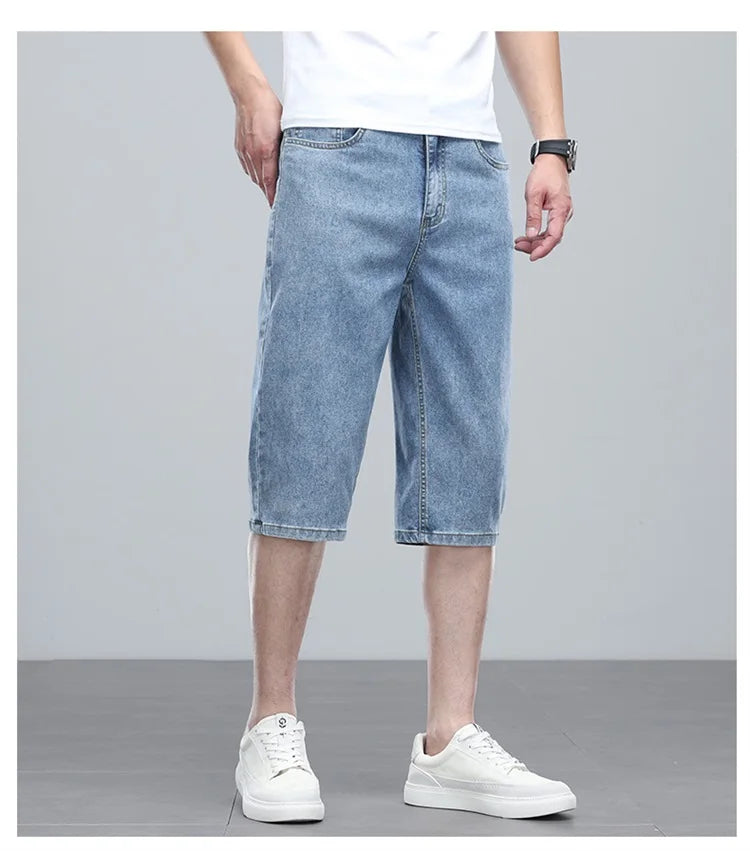 Summer men's six inch shorts over the knee thin straight tube minimalist elastic denim shorts Baggy Jeans Shorts for Men  3/4