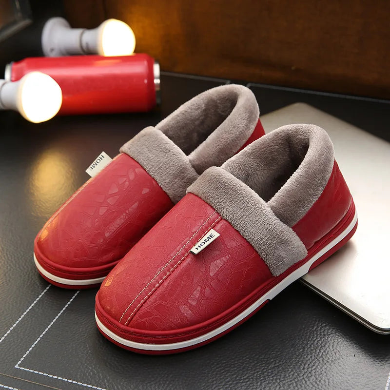 Big Size 50-51 Men Slippers Winter PU Leather Warm Indoor Waterproof Home Furry Flats Couples Slides Bedroom Non Slip Shoes