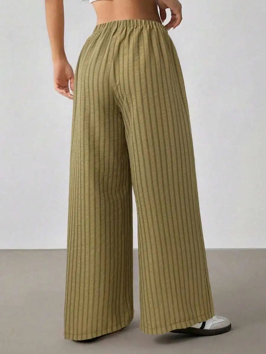 Women's Casual Striped Wide-Leg Pants   Summer Commute Fashion Drawstring Elastic Waist  Versatile Relaxed Straight Leg Trousers