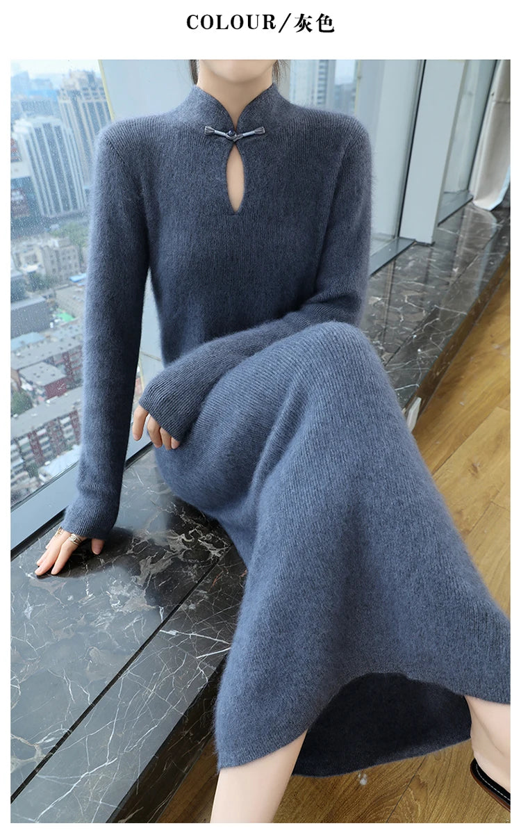 Women' 100%Pure Mink Cashmere Dress Stand-Up Collar Buckle Slim Knit Long Skirt Fashion High Waist Over The Knee Bottoming Dress