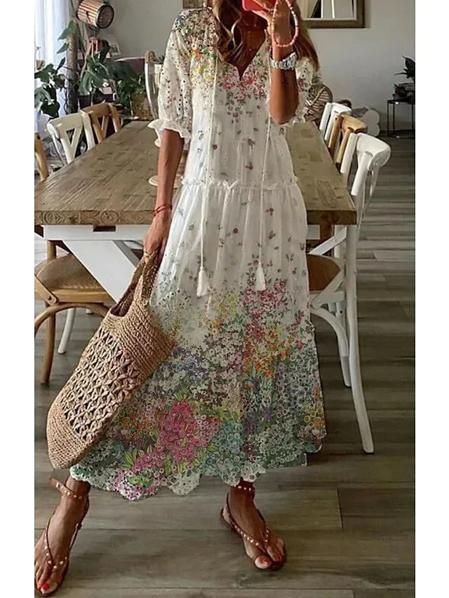 FALL Summer New 2026 Women's Casual Sweet Loose Sexy V-neck Drawstring Fashionable Printed Long Sleeved Boho Bohemian Dresses