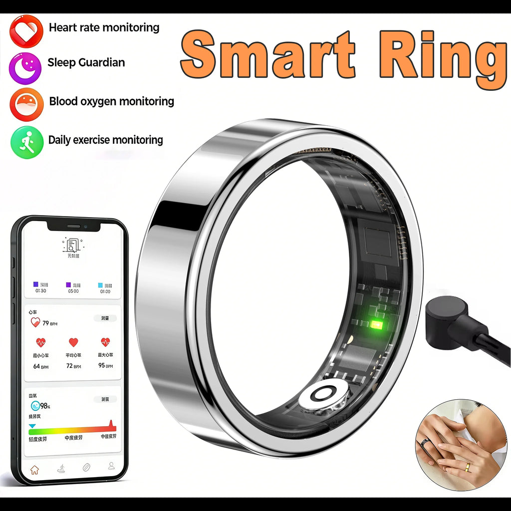 R09 Smart Ring Men Women with Charging Case Heart Rate Blood Oxygen Skin Temperature Monitor Waterproof For Android iOS R12
