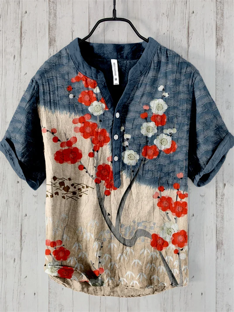Men's Linen Comfortable Soft Men's Short Sleeve Shirt Hawaiian Fashion Splicing Print Stand Collar Button Shirt Summer Style