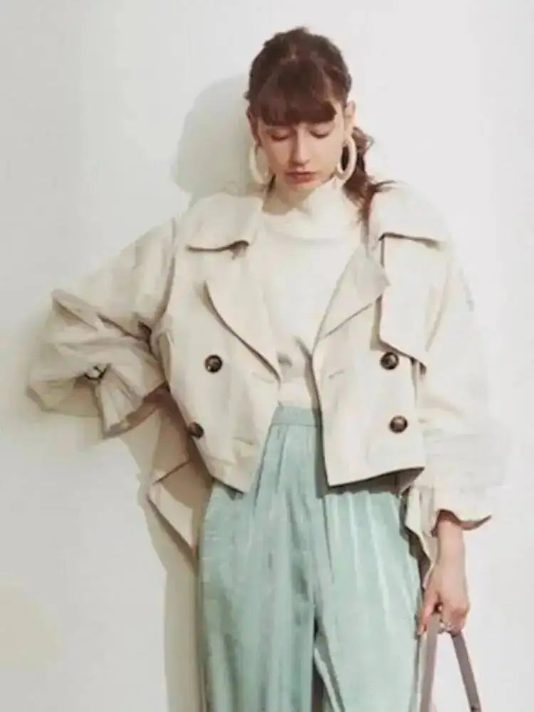 EAM Japanese Style Turn-Down Collar Double Breasted High-Low Hem Cropped Trench Coat Women's Jacket 2026 Autumn New