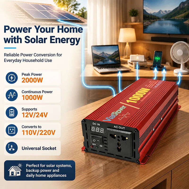 Pure Sine Wave Inverter 1000W 12V/24V To 110V220V Power Converter LCD Display