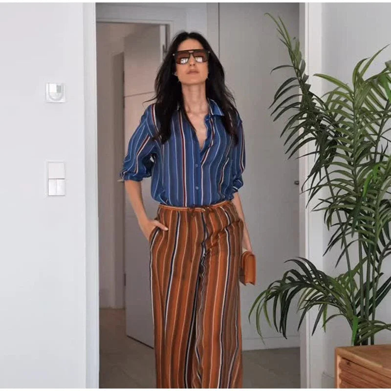 Vacation Geometric Printed Loose Pants Set Women Lapel Full Sleeve Pocket Shirts Wide Leg Pant Suits 2026 Autumn Street Outfit