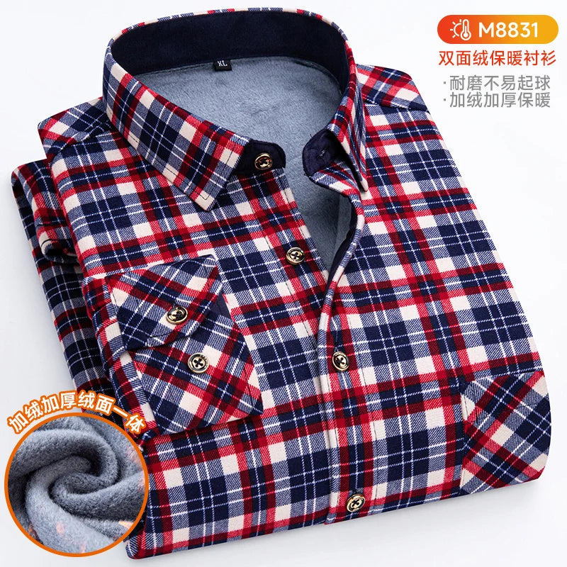 Winter Warm Shirts For Men Regular Fit Thicker Velvet Top Blouse Asia Plus Size Big Plaid Casual Clothing Long Sleeves Shirts