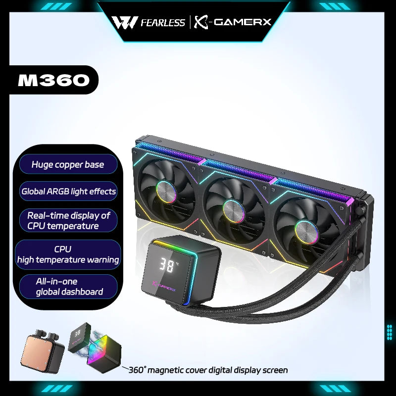 X-GAMERX PowerTrain M360 Water Cooler Processador ARGB 360° Magnetic Cover CPU Digital Temperature Display 360MM Watercooling