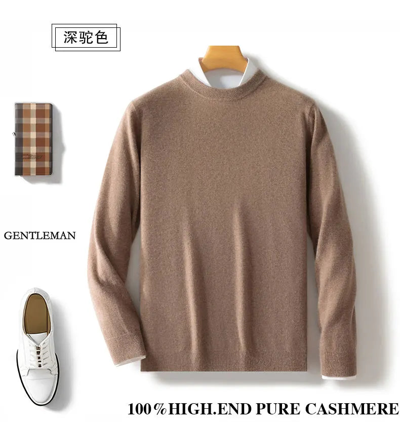 100% wool men's round neck solid color loose knit cashmere pullover for business and leisure, keeping warm in autumn and winter