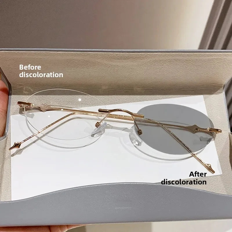 Small Oval Photochromic Myopia Glasses Women Men Fashionable Frameless Minus Diopter Glasses Trendy Outdoor Eyewear0-1.0-4.0