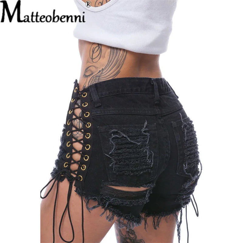 Sexy Ripped Tassel Jeans Streetwear High Waist Straight Denim Shorts 2025 Summer New Women Lace-Up Hole Hollow Out Jean Shorts