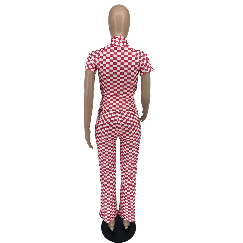 European and American Women's Fashion Fashion Design New Women's Spring Small Pit Strip Printed Checker Slim Two-piece Set