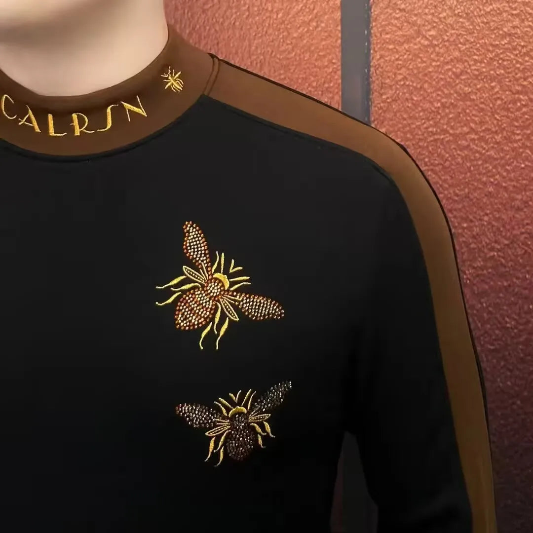 Winter Luxury Bee Embroidered T-shirt for Men Long Sleeve Thick and Warm Tshirts Casual Business T-shirts Streetwear Tee Tops