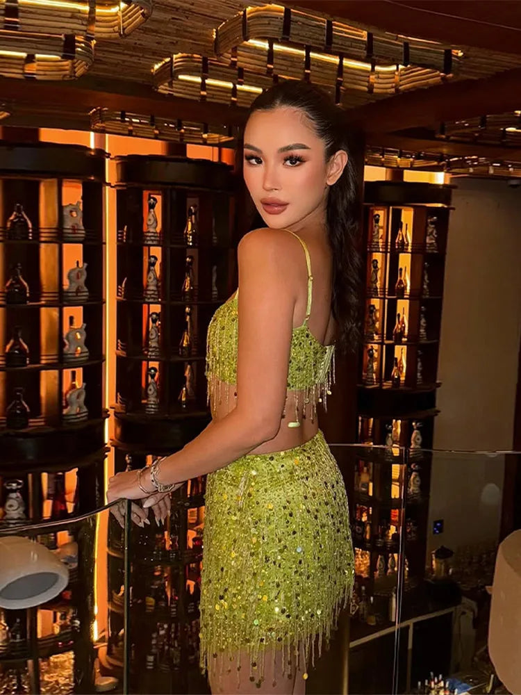 Sexy Tassel Sequins Vest Mini Skirt Women Crop Sling Vests Short Hip Package A-line Skirts 2026 Summer Lady Beach Party Outfits