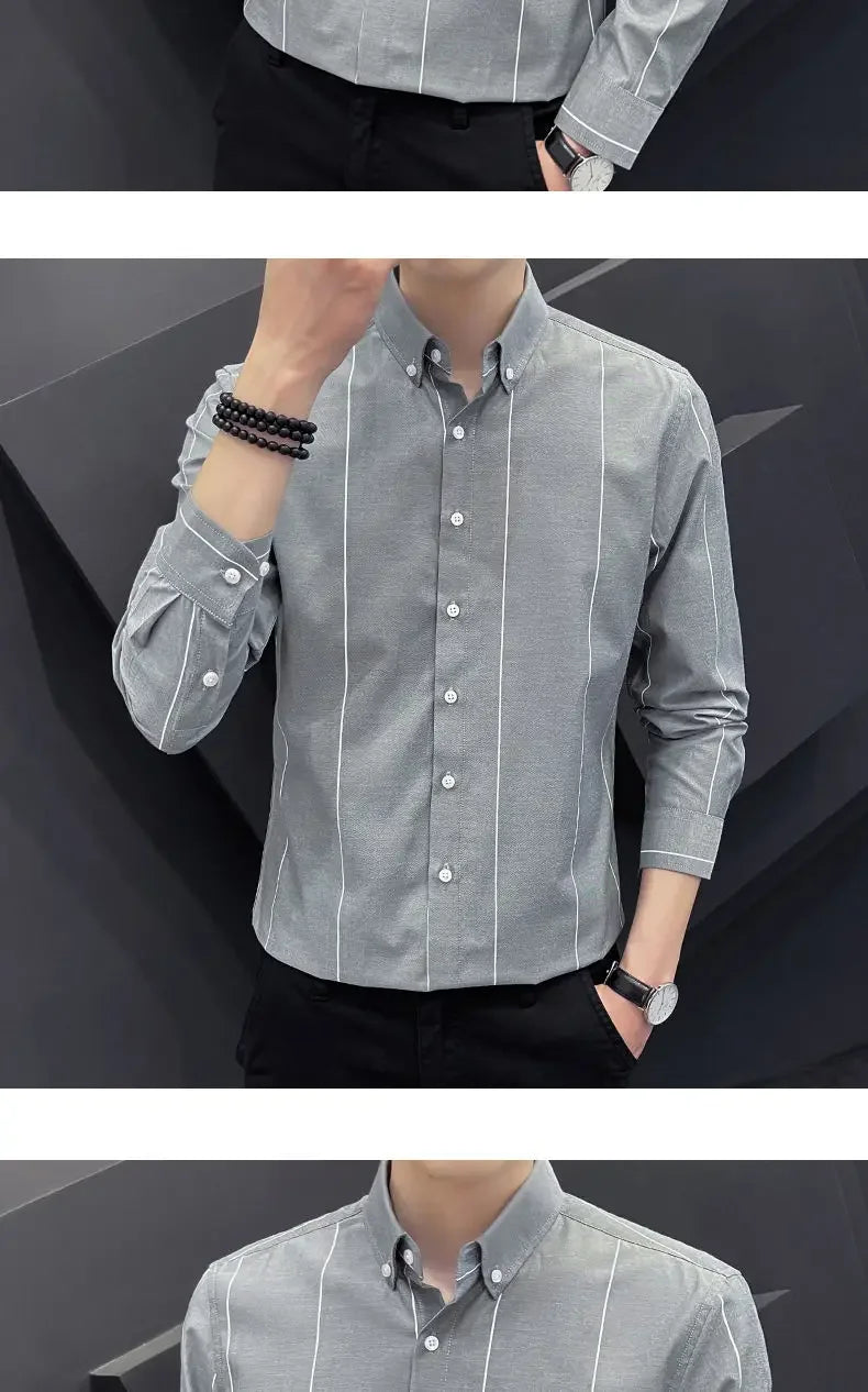 Stylish Men's Striped Shirt Printed Casual Business Dress Shirts Long Sleeve All-Match Slim Fit Fashion Korean Streetwear Shirts
