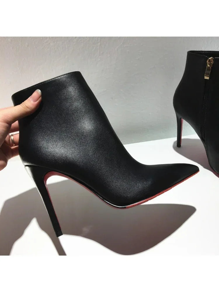 high heeled short boots  fashionable and sexy soft leather pointed thin heel side zipper and bare boots