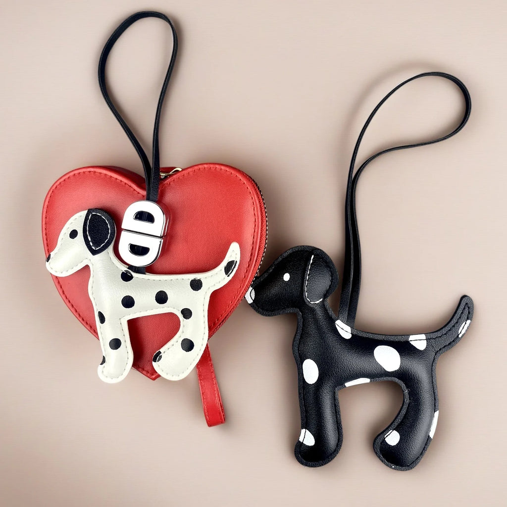 Trendy Dalmatian Dog Pendant Bag Charm & Keychain in Black/White Faux Leather Polka Dot Design for Purse Accessories Lovely Gift