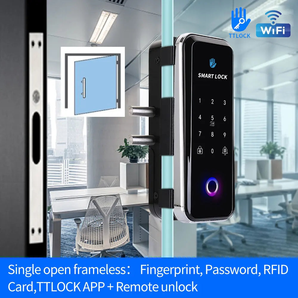 TTlock Smart Biometric Fingerprint WiFi Lock for Commercial Glass Door 5-in-1 Access Control (APP/Fingerprint/Card/Code/Remote)