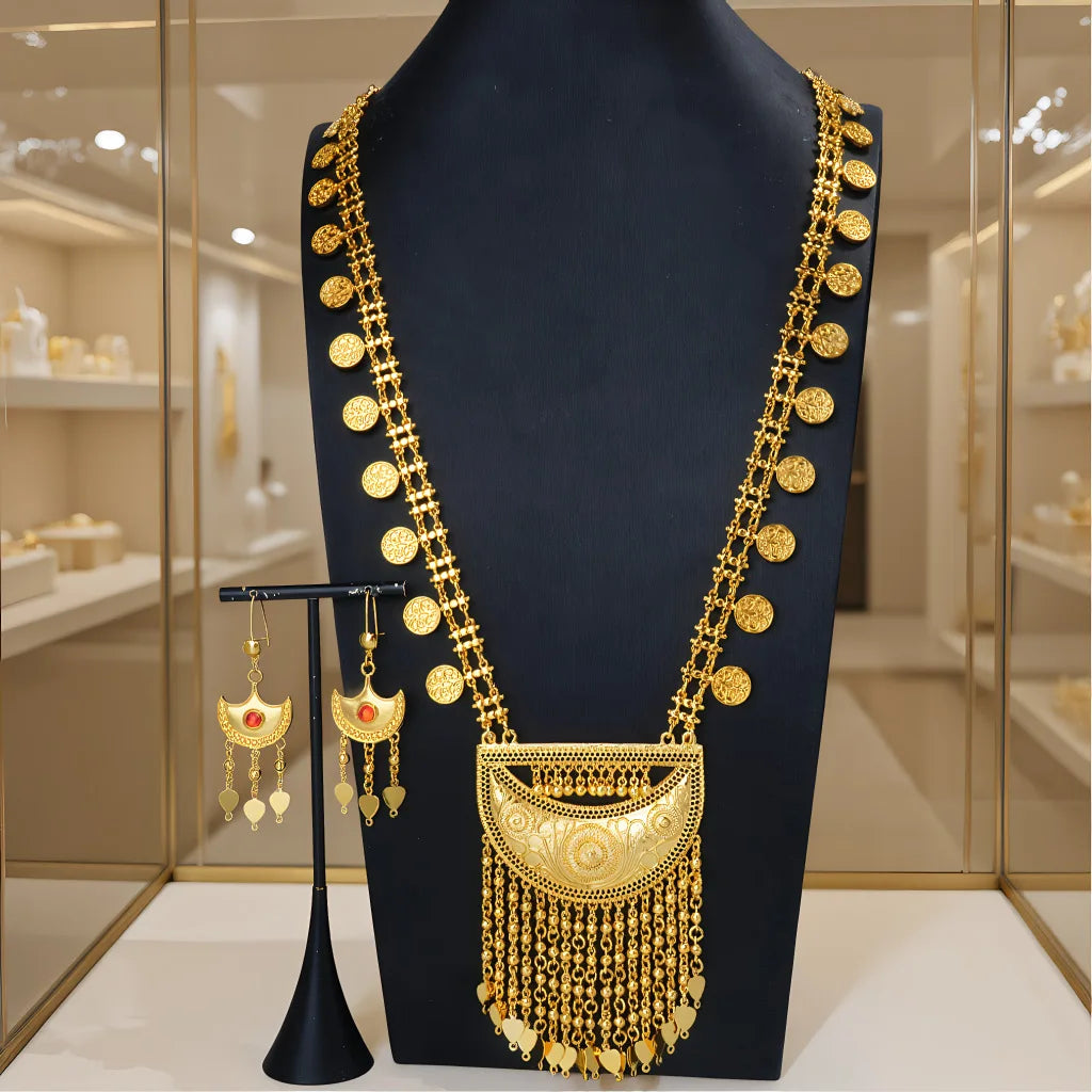 Tassel Necklace Earrings Long Set Women's 24K Gold AU999 - Exquisitely crafted 24K gold, smooth tassels, great for gifting