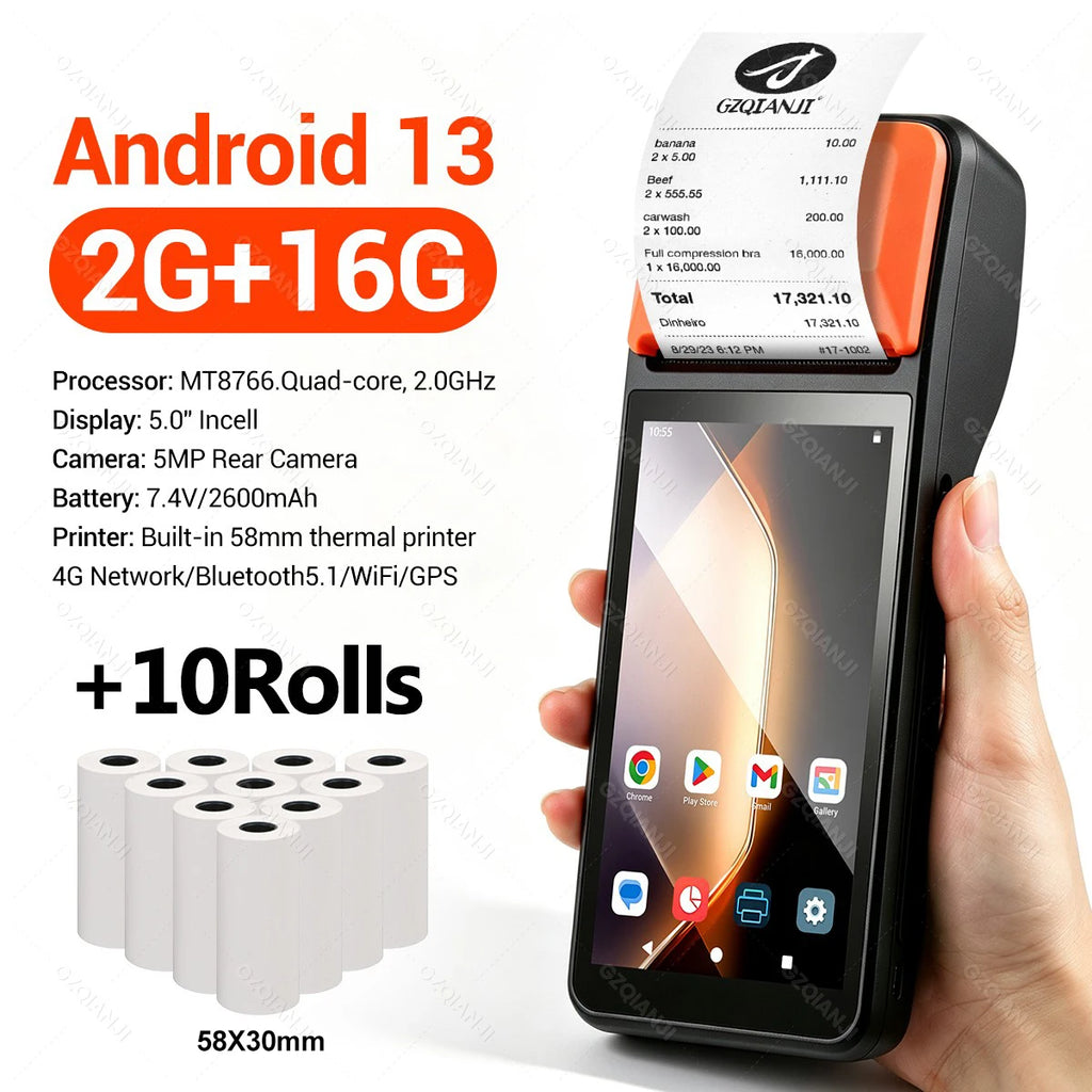 4G Android 13 Terminal Wireless Handheld POS Printers Built-in 58mm Thermal Receipt Printer Impressora Termica Bluetooth WiFi