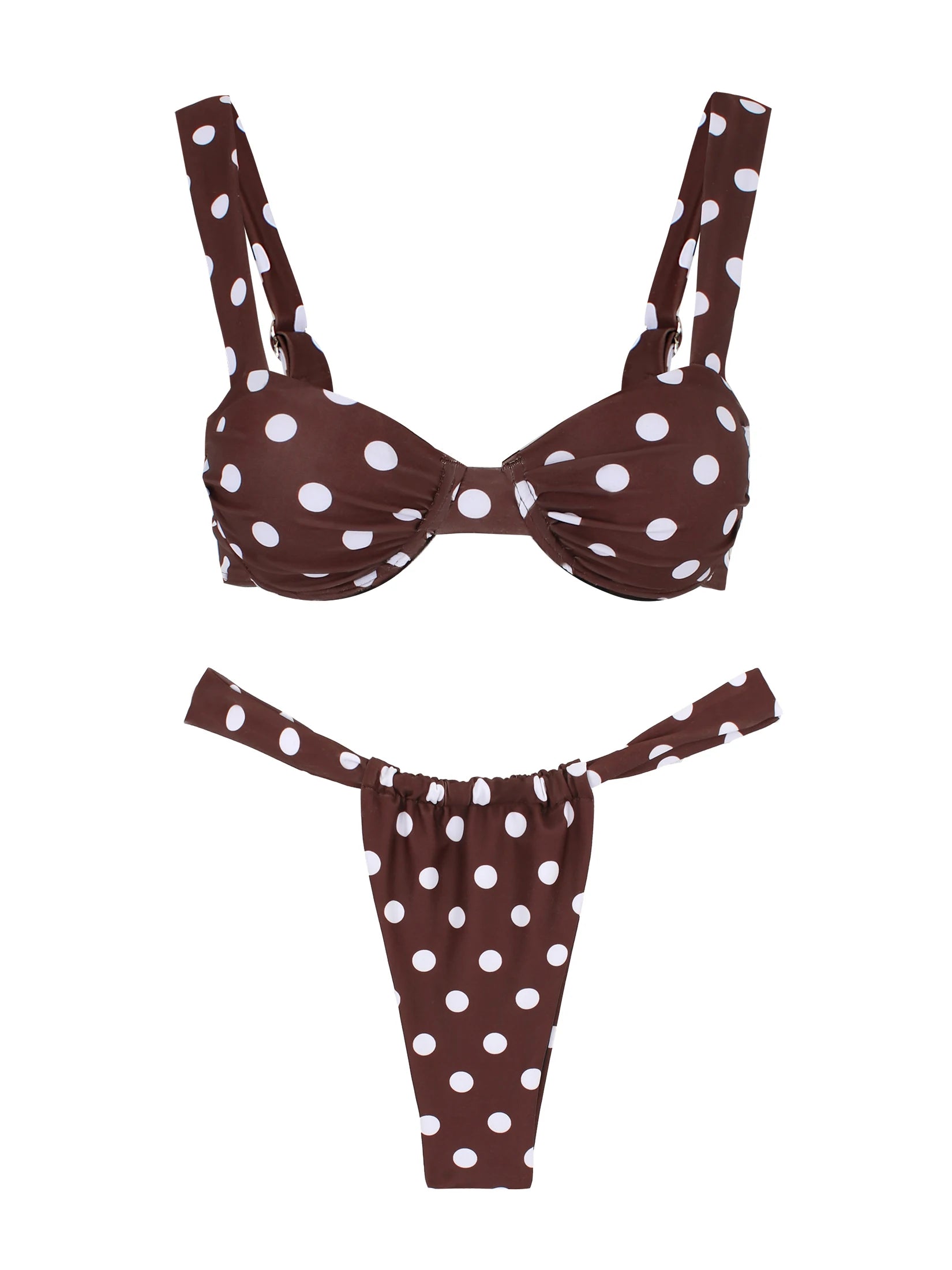 Retro Brown Dot Bikini Sexy Off Shoulder Swimwear Women High Cut Thong Biquini Set Luxury Summer Vacation Beach Bathing SuitK337