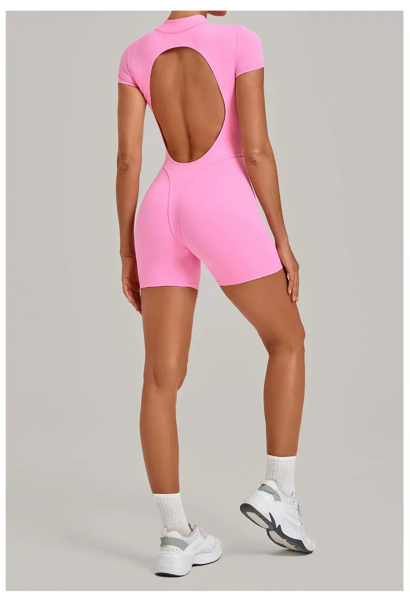 Women's Seamless Yoga Jumpsuits Sports Fitness Hip-lifting Short-sleeved Backless Training Workout Gym Shorts One-piece