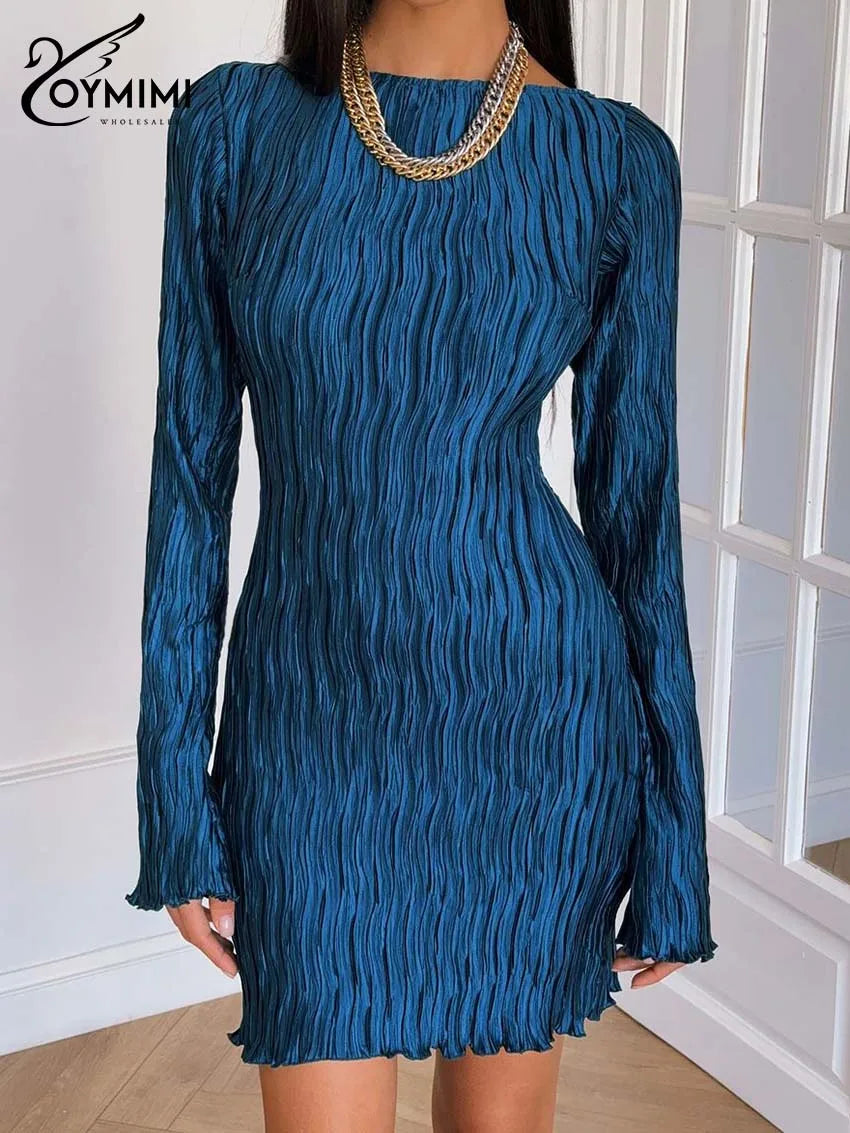 Oymimi Elegant Brown Pleated Women's Dress Fashion O-Neck Long Sleeve Slim Dresses Casual Straight Mini Dresses Female Clothing