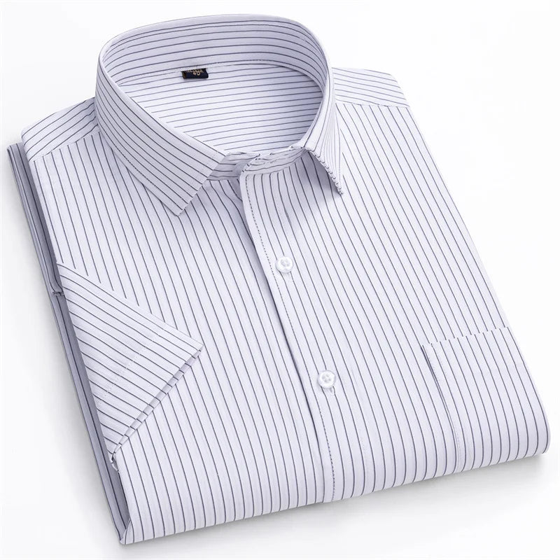 Men Formal Shirt Short Sleeve Office Solid Color Striped Fashion Business Pocket White Social Shirt Men's Clothing 5XL 6XL